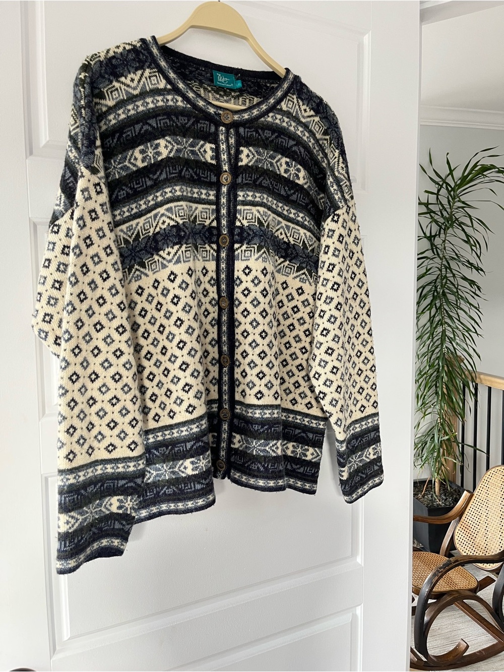 Nordic-Pattern Black & Cream Knit Cardigan